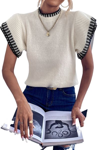 

contrast binding ribbed knit sweater vest z8t3#, White;black