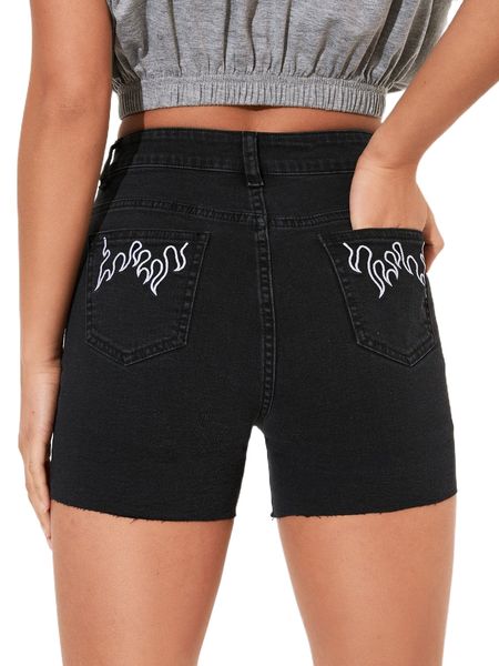 

petite fire embroidery raw cut denim shorts x4lf#, White;black