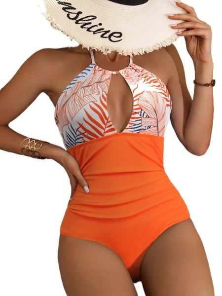 

tropical print ruched halter one piece swimsuit x65g#, White;black