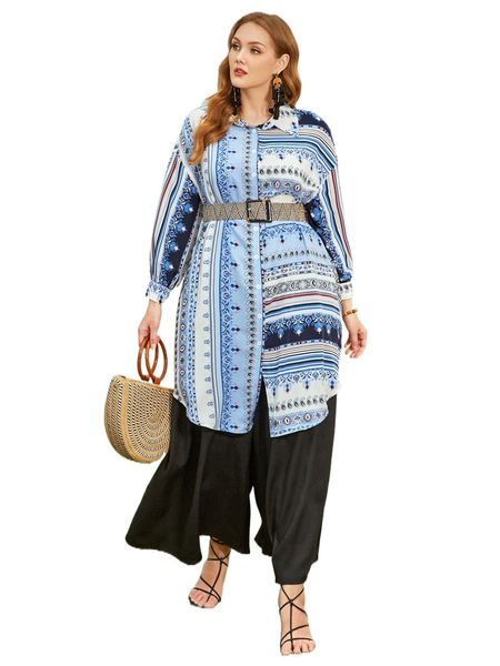 

plus collared button up curved hem geo print shirt without belt m9u1#, Black