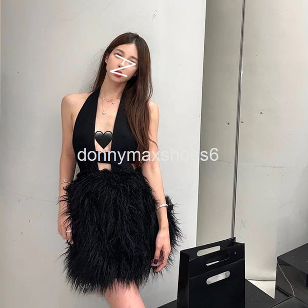 

casual dresses deep v feather large open back and neck dress style design in spring summer sense of minority waist puffy skirt, Black;gray