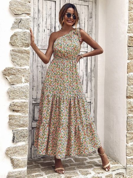 

allover floral one shoulder a-line dress h9by#, Black;gray