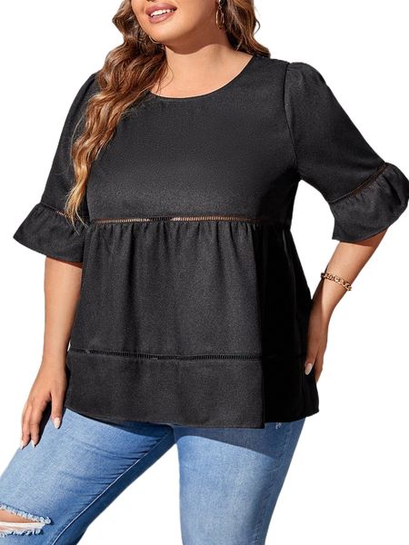 

plus hollow out flounce sleeve blouse w0nk#, Black