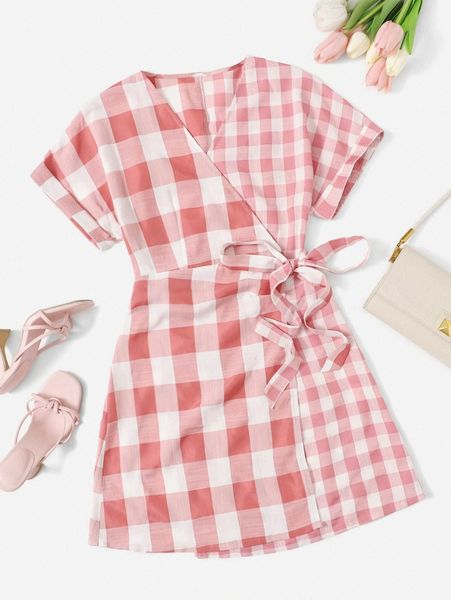 

buffalo plaid wrap dress d1pk#, Black;gray