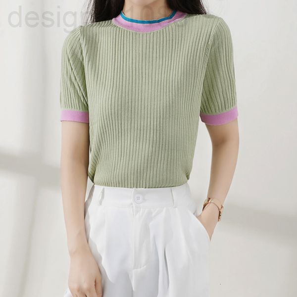 

women's knits & tees designer []summer new round neck color matching stripe short sleeve t-shirt slim fit pullover green sweater women, White