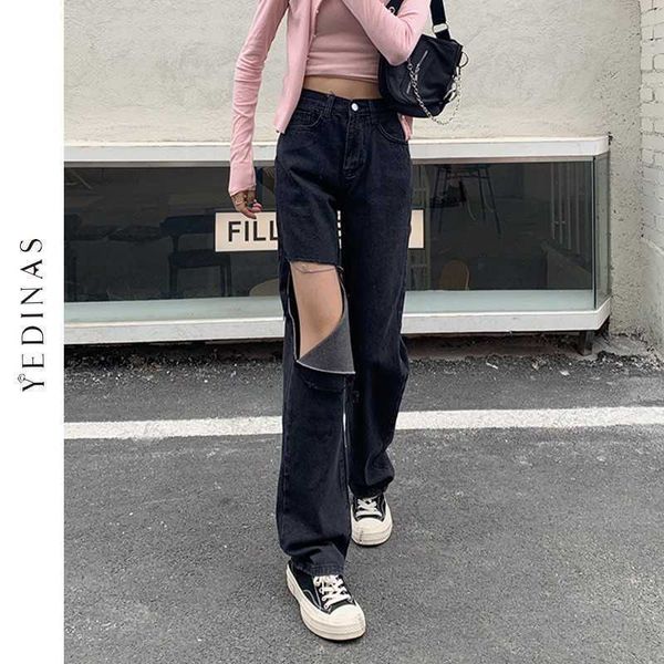 

yedinas korean style front and back holes jeans women black denim pants vintage high waist straight ladies bf streetwear 210527, Blue