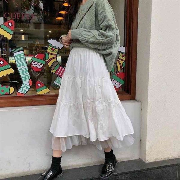 

ybyr women's midi skirt cute mesh tutu pleated skirts harajuku girls splicing a-line elastic high waist black white long skirt 210331