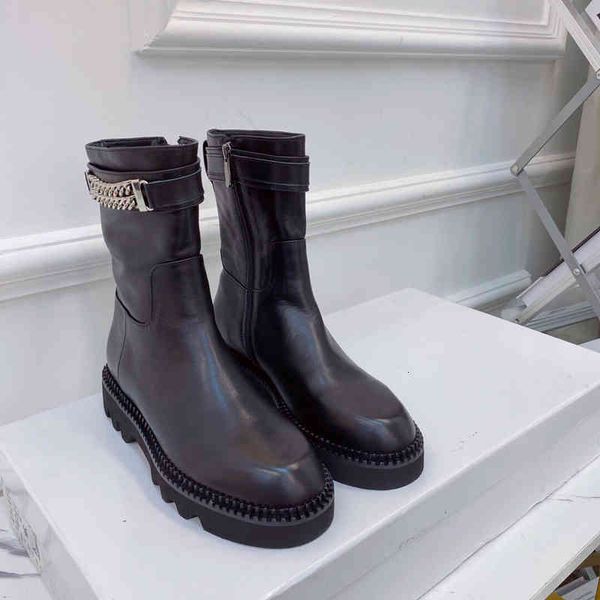 

boots women's leather martin boots winter shoes round head square high heels series, Black