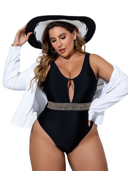 

plus cut out stitch detail one piece swimsuit i806#, White;black