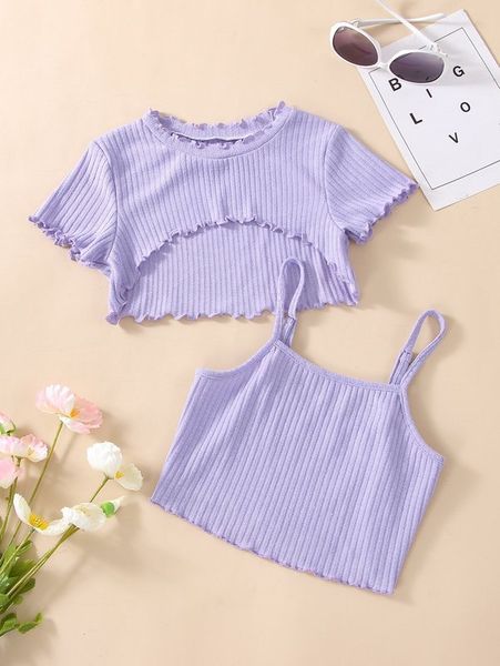 

girls lettuce trim high low tee & cami she, White