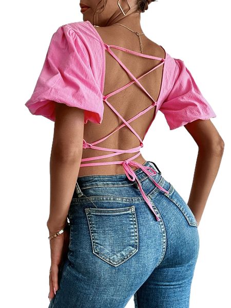

lace up puff sleeve crop blouse 43p6#, White
