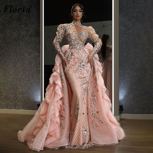 Две штуки розовые вечерние платья с съемными поездами цветочные аппликации сладкие арабские длинные рукава бусины знаменитости платья выпускные платья Вестидо Лонго