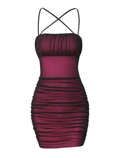 

mesh overlay ruched criss cross cami bodycon dress i3ud#, Black;gray