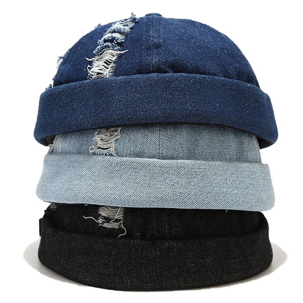 Berretto Docker da donna Cappelli senza tesa in denim Distressed Beanie Worker Sailor Polsino arrotolato Cappello retrò con regolabile