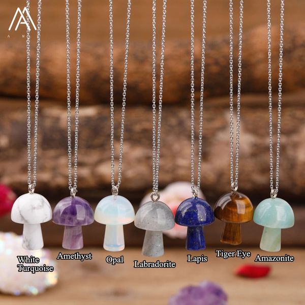 

natural stone carving mushroom shape pendant reiki healing crystal tiger eye rose quartz amethyst agate aventurines necklace for women jewel, Silver