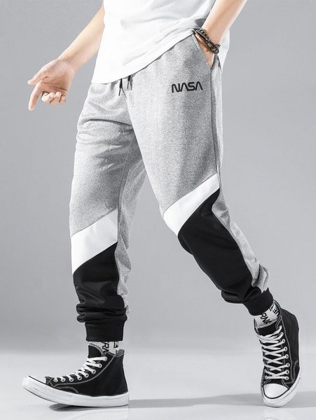

men letter graphic color block drawstring waist sweatpants 853i#, Black