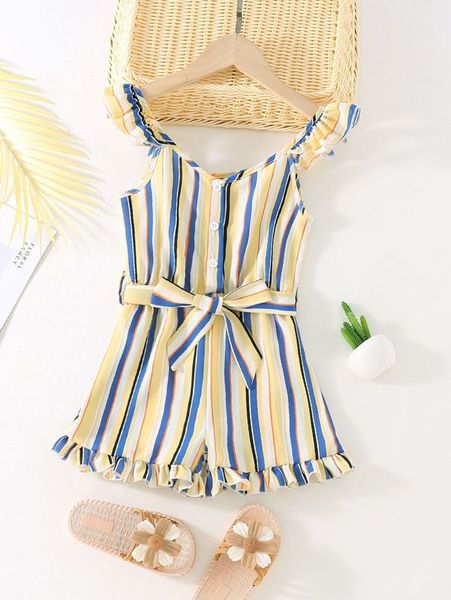 

toddler girls colorful striped ruffle trim belted romper she, Blue