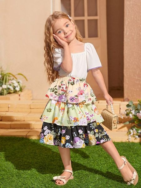 

toddler girls 1pc puff sleeve & 1pc floral print layered hem skirt she, White