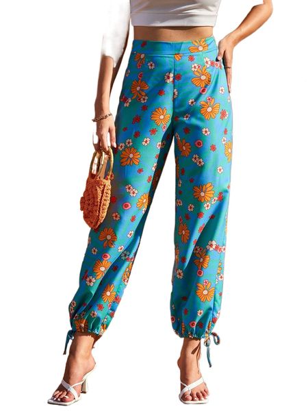 

floral print carrot pants f2nl#, Black;white