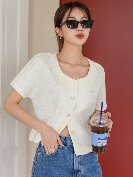 

dazy solid batwing sleeve button up blouse l9zq#, White