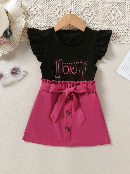 

little girl rabbit and slogan and paper bag waist belt skirt she, White