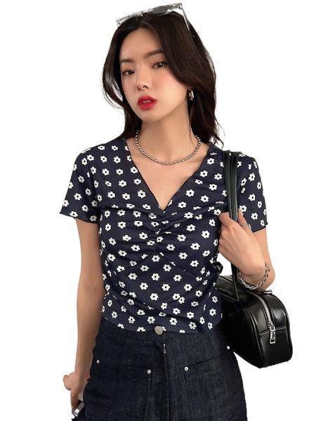 

dazy floral print ruched lettuce trim tee c40v#, White