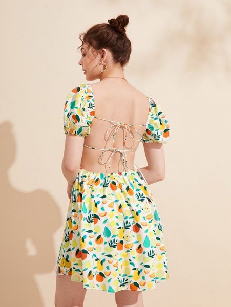 

x wenli fruit print square neck puff sleeve dress f9ba#, Black;gray