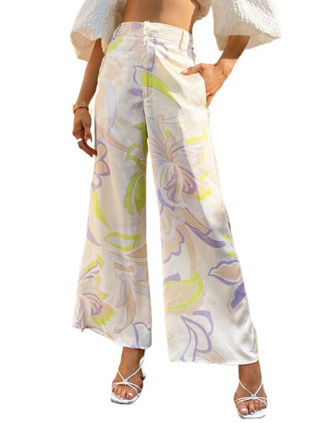 

random floral print belted wide leg pants i2hn#, Black;white