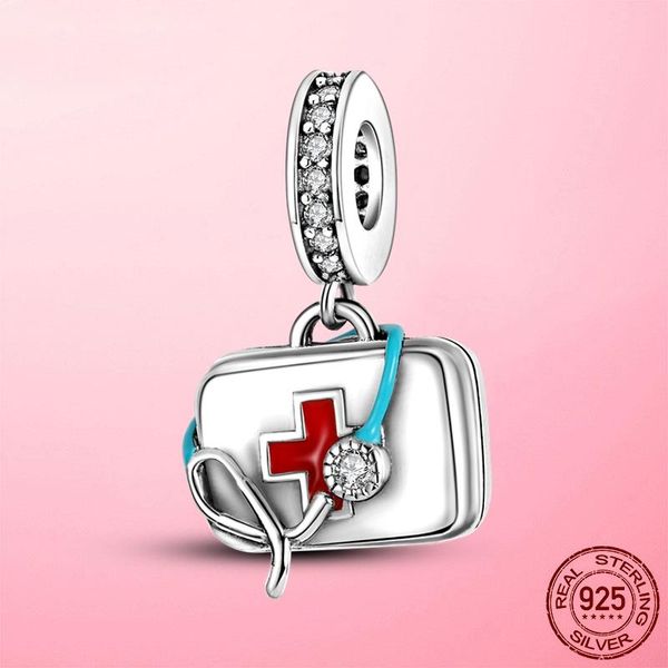 925 Sterling Silver Ciondola Charm Armadietto dei medicinali Stetoscopio Charm Ciondolo Perline Bead Fit Pandora Charms Bracciale Accessori per gioielli fai da te