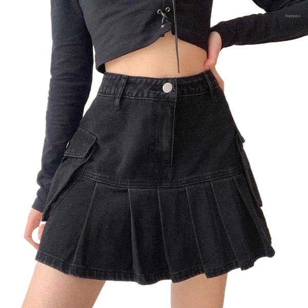 

skirts short spice girl ruffle elastic denim skirt women's pink temperament waist show leg long pleated fashion o9j9#, Black