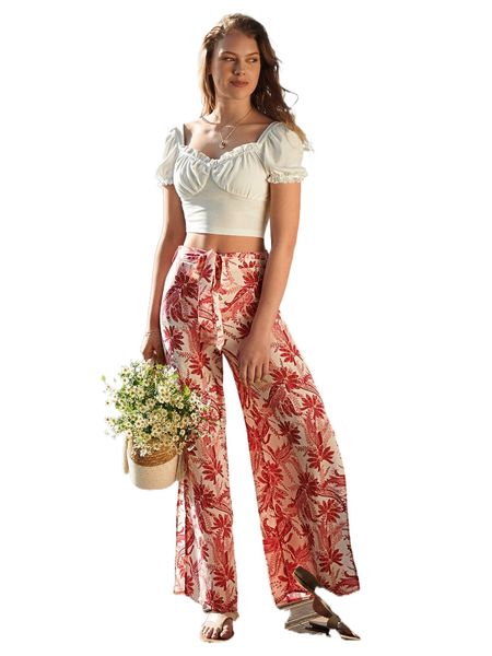 

puff sleeve crop & floral & paisley print belted wide leg pants 73lc#, White