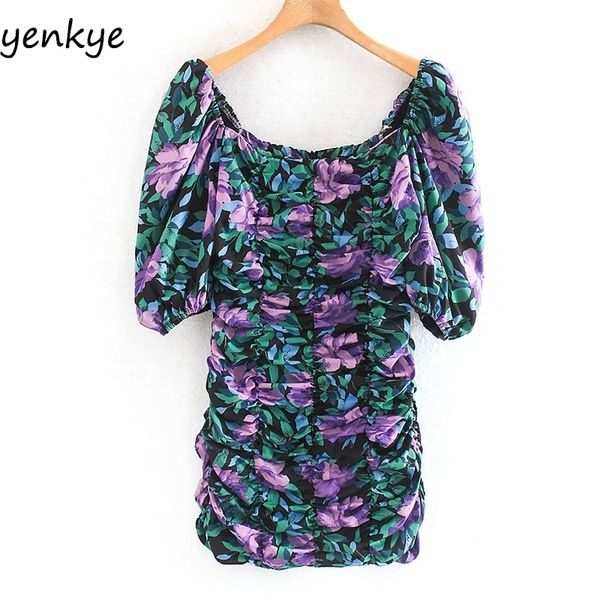 

fashion women elastic draped bodycon mini dress lady square neck puff sleeve floral print summer dress xngc9587 y200418, Black;pink