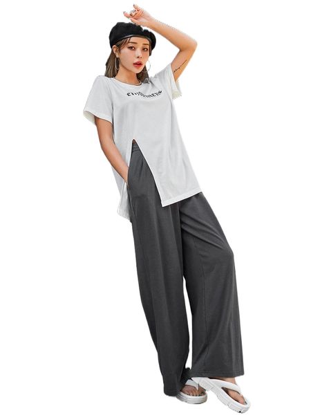 

dazy letter graphic split tee & plicated detail pants 34tw#, White