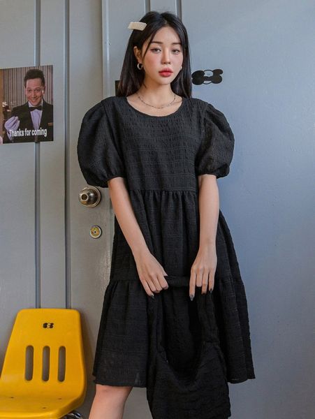 

dazy puff sleeve tie back ruffle hem smock dress 90ra#, Black;gray