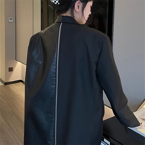 

[eam] women black zipper pu leather big size blazer lapel long sleeve loose fit jacket fashion spring autumn 1de0121 220402, White;black