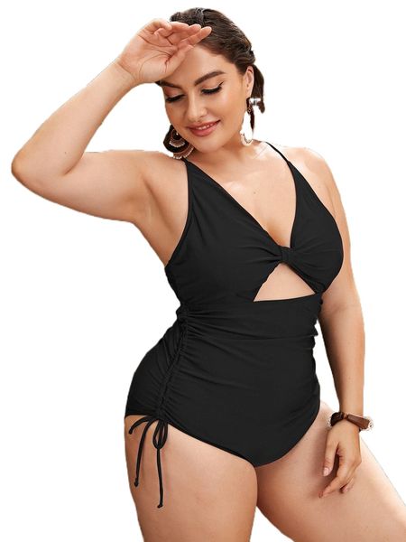 

plus cut out drawstring one piece swimsuit 18wq#, White;black