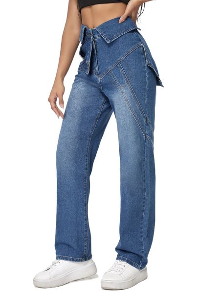 

washed foldover detail jeans n7gt#, Blue