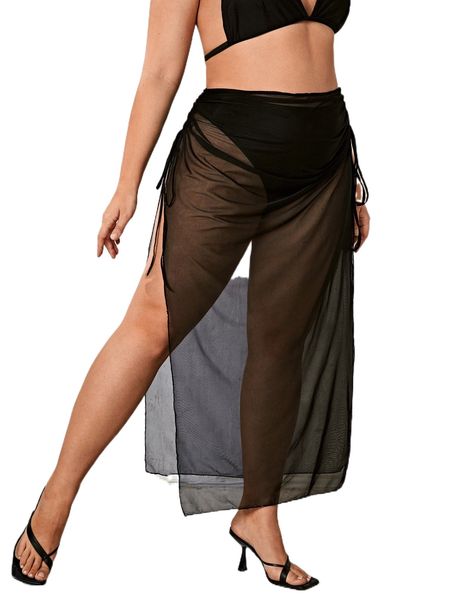 

plus drawstring slit side cover up without bikini set l2ck#, Black