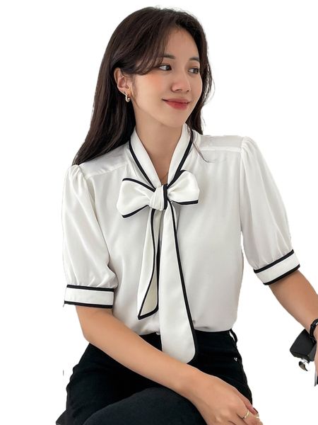 

dazy contrast binding knot front puff sleeve blouse n4sk#, White