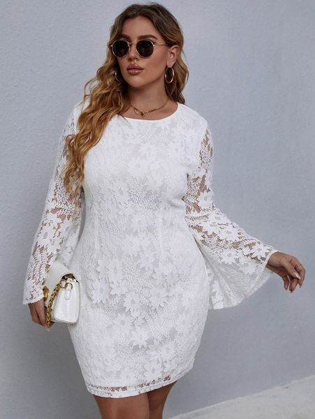 

plus trumpet sleeve guipure lace dress p7kk#, Black