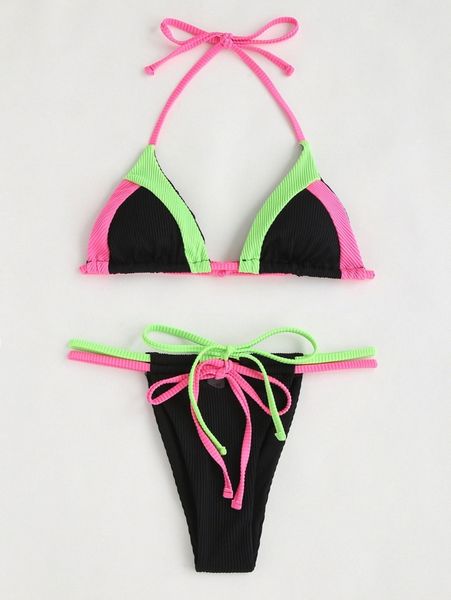 

color block rib halter triangle bikini swimsuit 49kp#, White;black