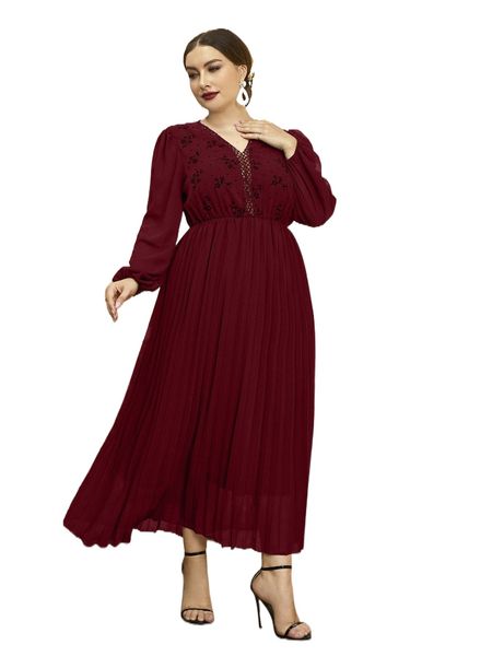 

plus contrast guipure lace lantern sleeve pleated hem dress n0f6#, Black