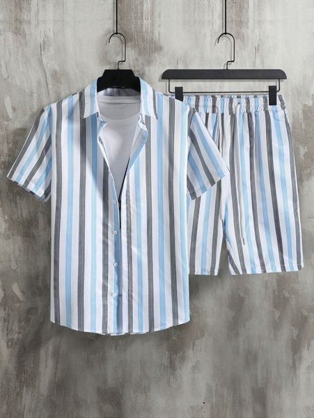 

men random block striped shirt & shorts without tee n72o#, Gray