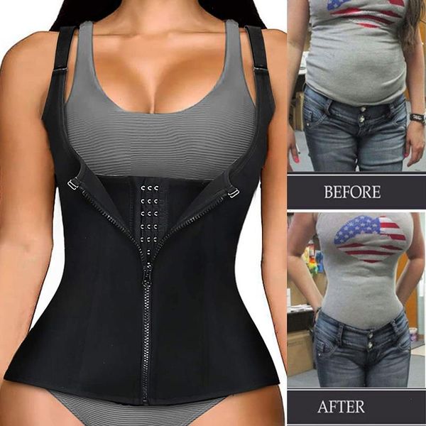 

women waist trainer corset zipper vest body shaper cincher shapewear slimming belt sports girdle neoprene sauna tank top, Black;white