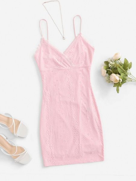 

lace trim surplice neck eyelet embroidery slip dress o1mc#, Black;gray