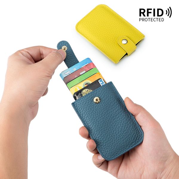 Couro genuíno Small Ultra-Fhin Cards Bag 5 Draw Slots Cards Pacote portátil de cartão de visita RFID portátil
