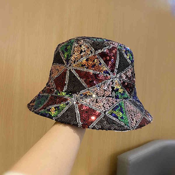 

designer bucket trucker straw hat man woman korean ins mixed color sequin fisherman hat wo fashion versatile net red face small children&#03, Blue;gray