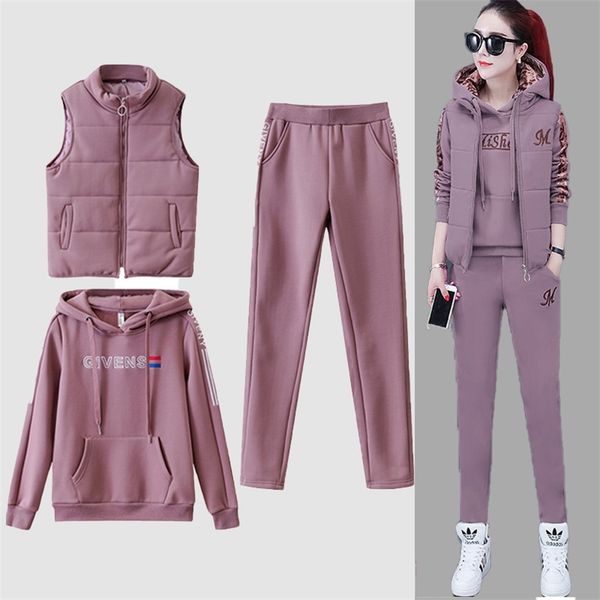 

womens 3 piece set tracksuit autumn winter sport suit hoodiesvestpants casual suit velvet warm sporting women set outwear 220722, White