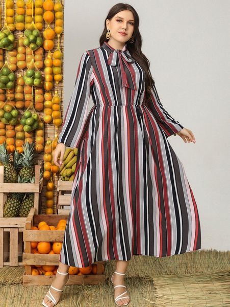 

plus vertical striped tie neck dress t5fe#, Black