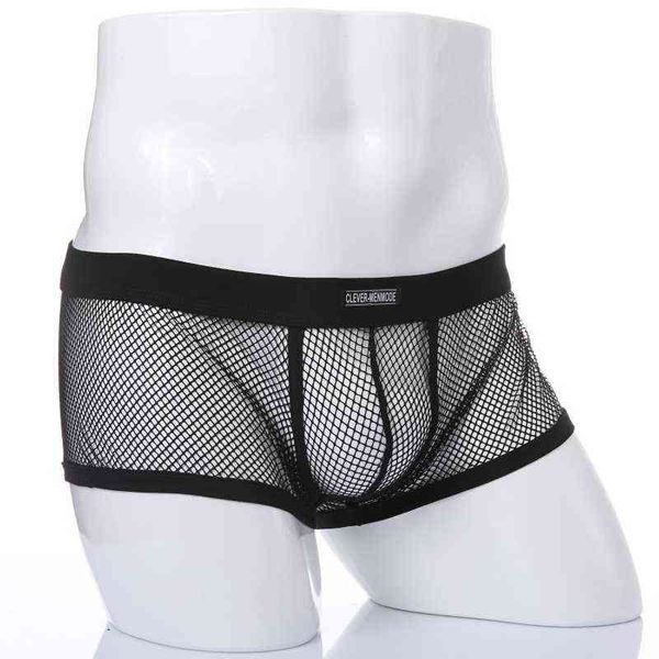 Pantaloncini da uomo sexy Pantaloncini a vita bassa Uomo Intimo intimo Lingerie Tronco Maglia trasparente Vedere attraverso mutande erotiche Nero Bianco Y220426